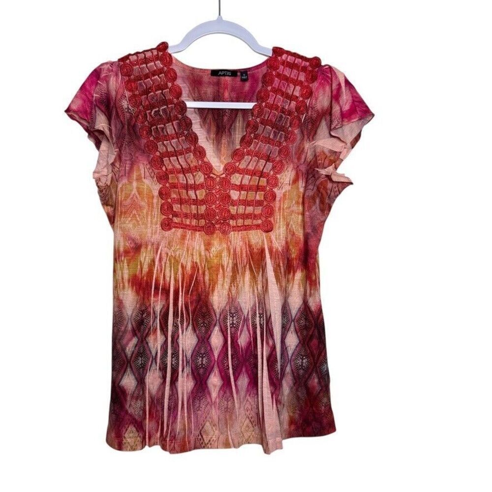 Apt 9 Geometric Short Sleeve Top Women Size S‎ Red Y2K Inspired Lightweight Boho